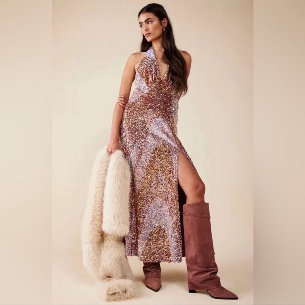 Free People New Glitter Rose Pink Gold Sequin Halter Midi Dress Small NWT
